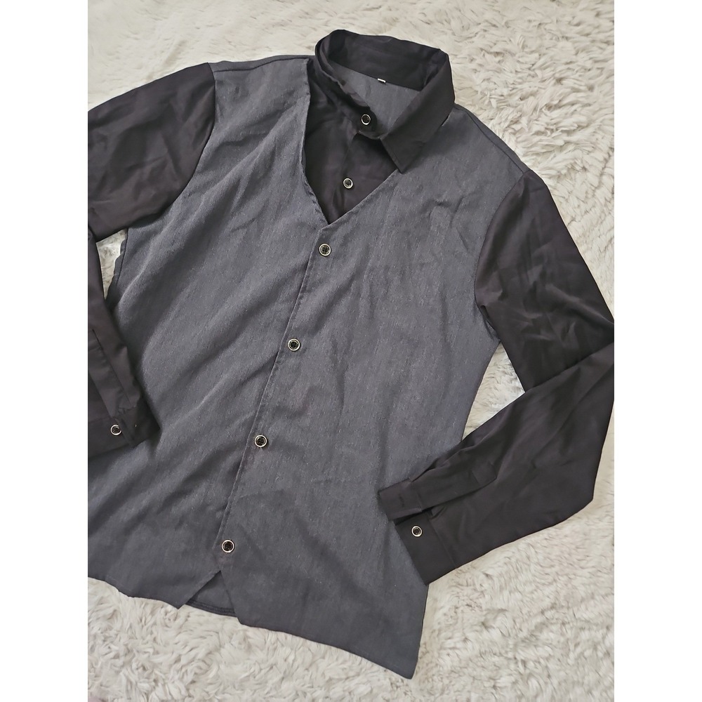 SHEIN Men's Gray Black Colorblock Long Sleeve Button-Up Shirt Size L